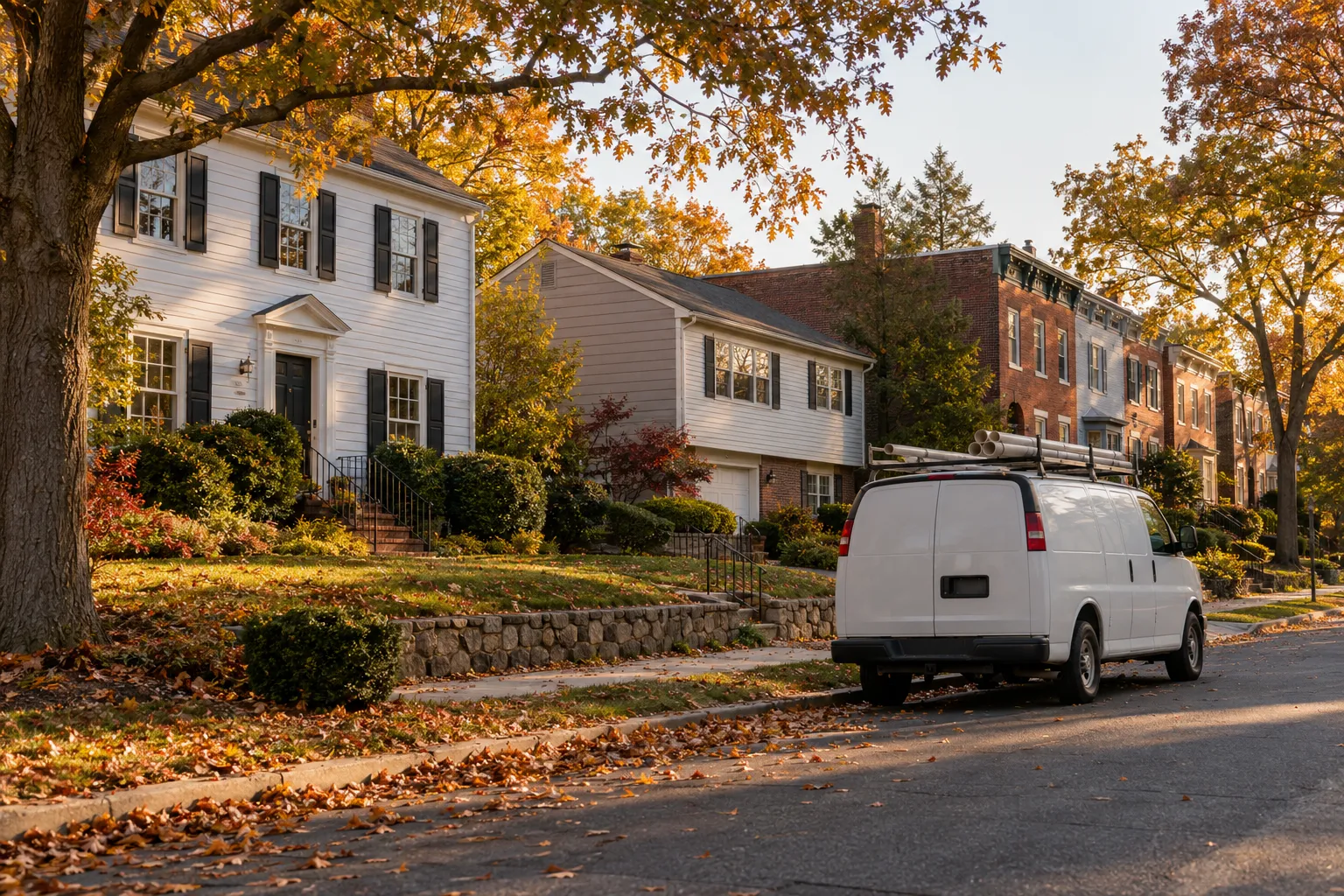 A residential street of colonial and split-level homes in Hampstead
